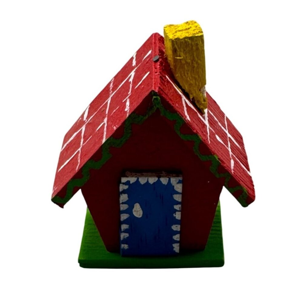 Handmade Wooden Miniature House Decor Red Roof & Yellow Chimney Christmas READ